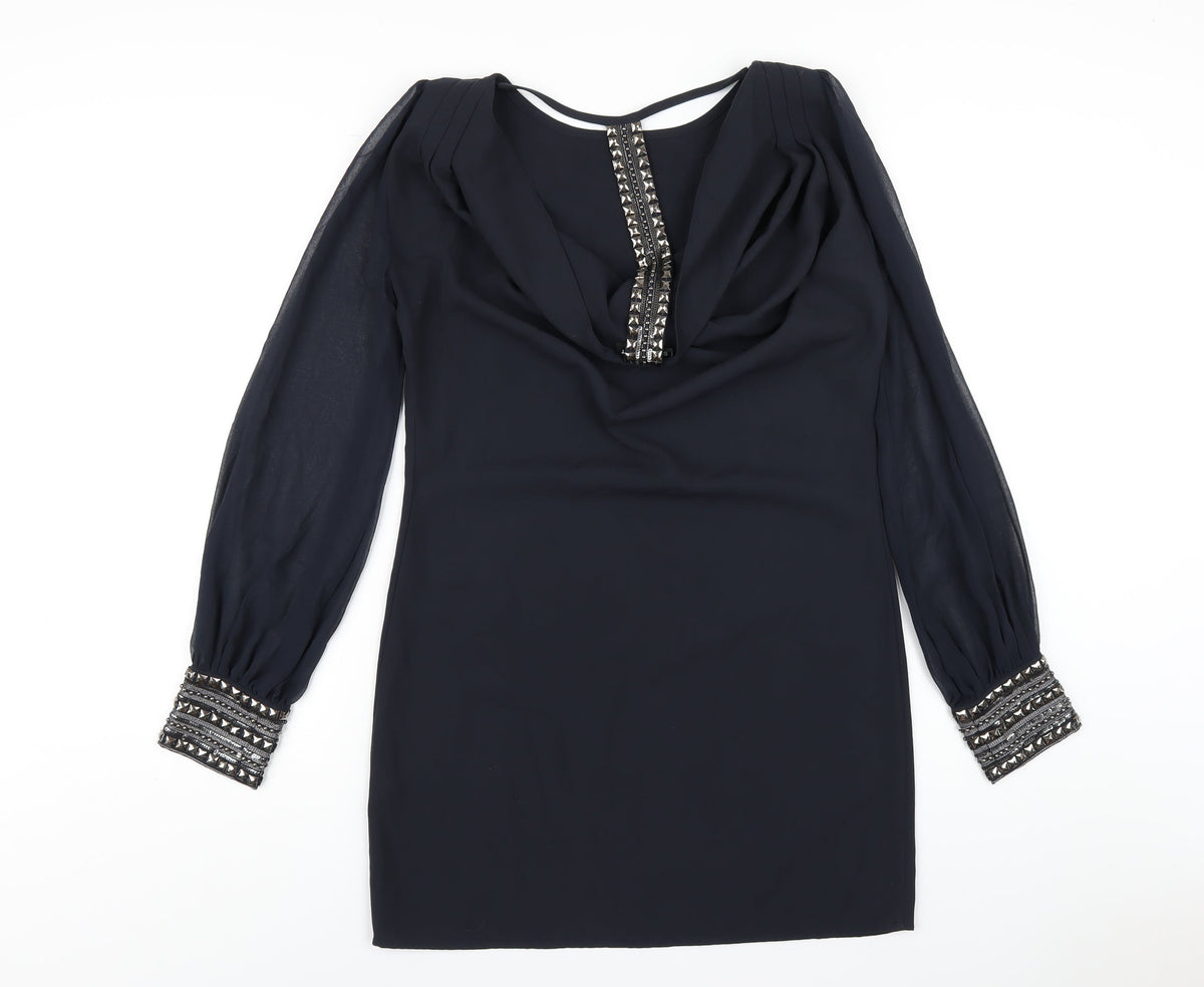Warehouse Womens Black Polyester A-Line Size 10 Boat Neck Pullover - Beaded Trims