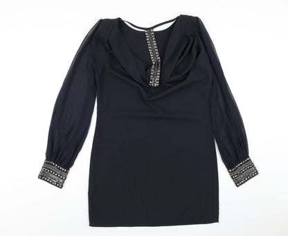 Warehouse Womens Black Polyester A-Line Size 10 Boat Neck Pullover - Beaded Trims