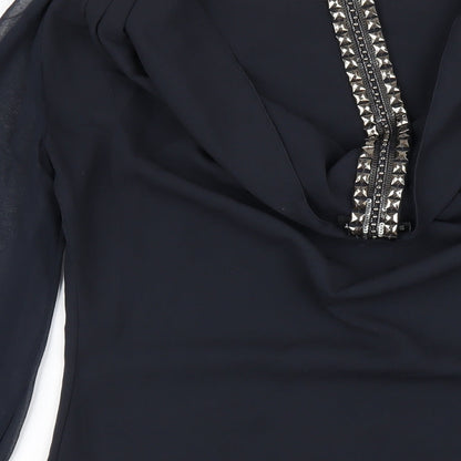 Warehouse Womens Black Polyester A-Line Size 10 Boat Neck Pullover - Beaded Trims