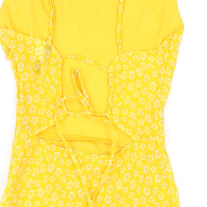 H&M Womens Yellow Floral Polyester A-Line Size 8 Square Neck Zip