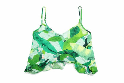 Front view of ASOS women’s green geometric viscose camisole t-shirt, size UK 4, v-neck