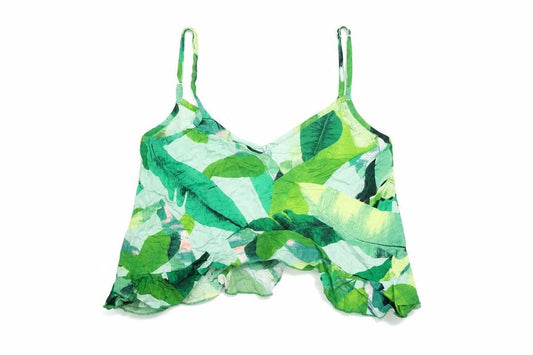 Front view of ASOS women’s green geometric viscose camisole t-shirt, size UK 4, v-neck