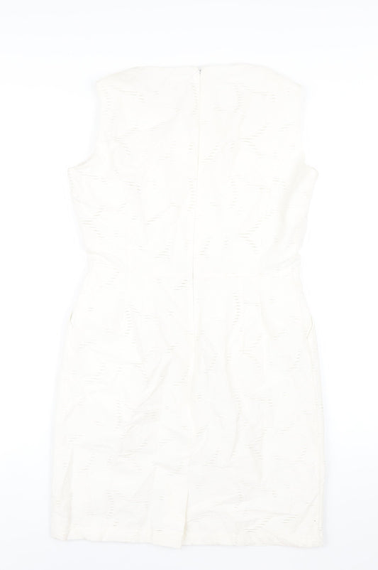Phase Eight Womens White Cotton Pencil Dress Size 12 Round Neck Zip