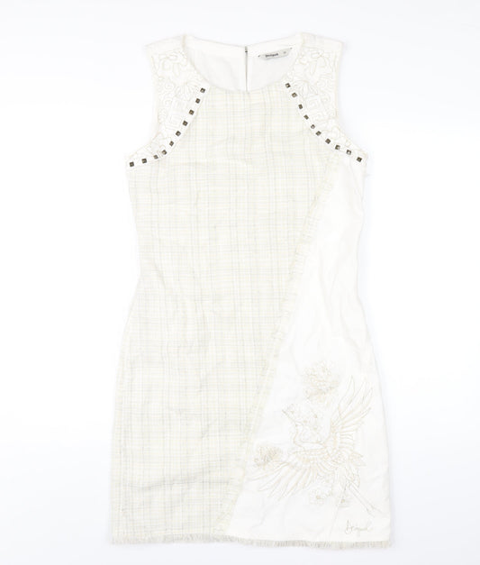 Desigual Womens Ivory Polyester A-Line Size 10 Roll Neck Button
