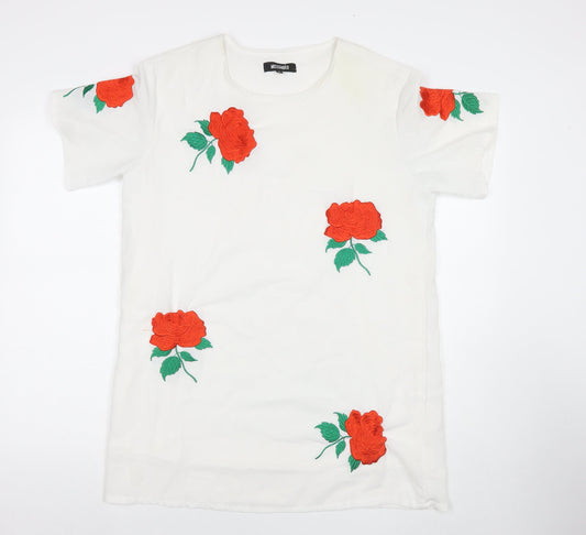 Additional front view of Missguided women’s white polyester t-shirt dress, round neck pullover - embraided flowers