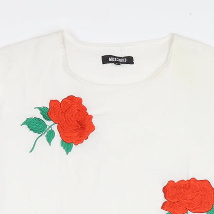 Missguided Womens White Polyester T-Shirt Dress Size 10 Round Neck Pullover - Embraided Flowers