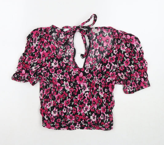 Divided by H&M Womens Pink Floral Viscose Cropped T-Shirt Size 8 V-Neck