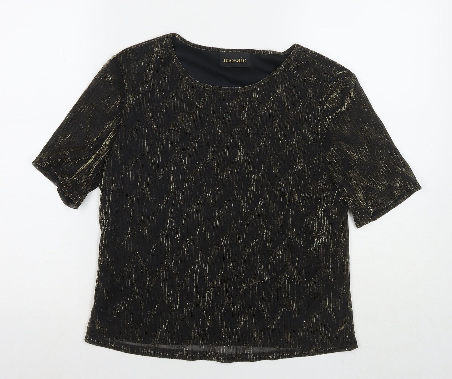 Mosaic Womens Black Nylon Basic T-Shirt Size 14 Round Neck - Glitter Detail