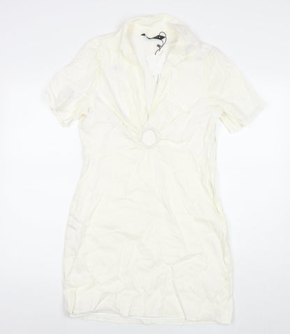 Zara Womens White Viscose T-Shirt Dress Size L Collared Zip