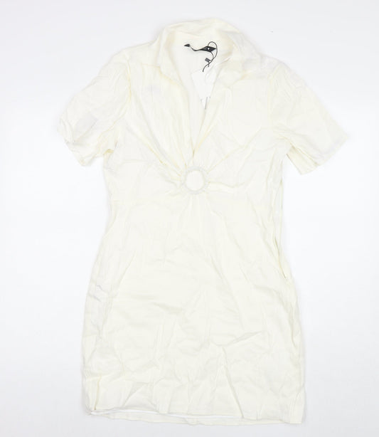 Zara Womens White Viscose T-Shirt Dress Size L Collared Zip