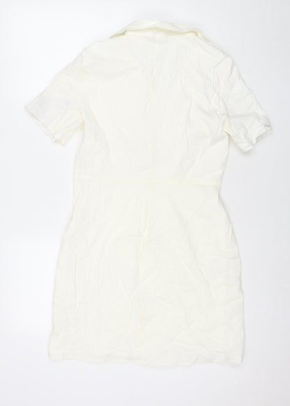 Zara Womens White Viscose T-Shirt Dress Size L Collared Zip