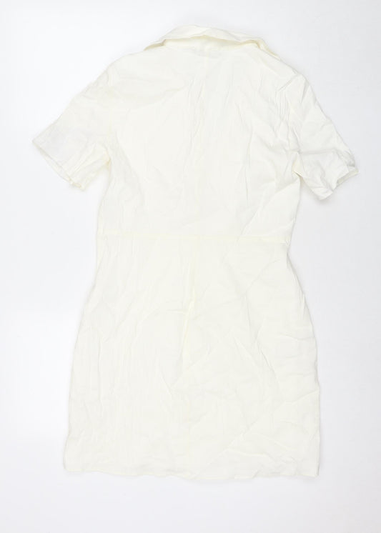 Zara Womens White Viscose T-Shirt Dress Size L Collared Zip