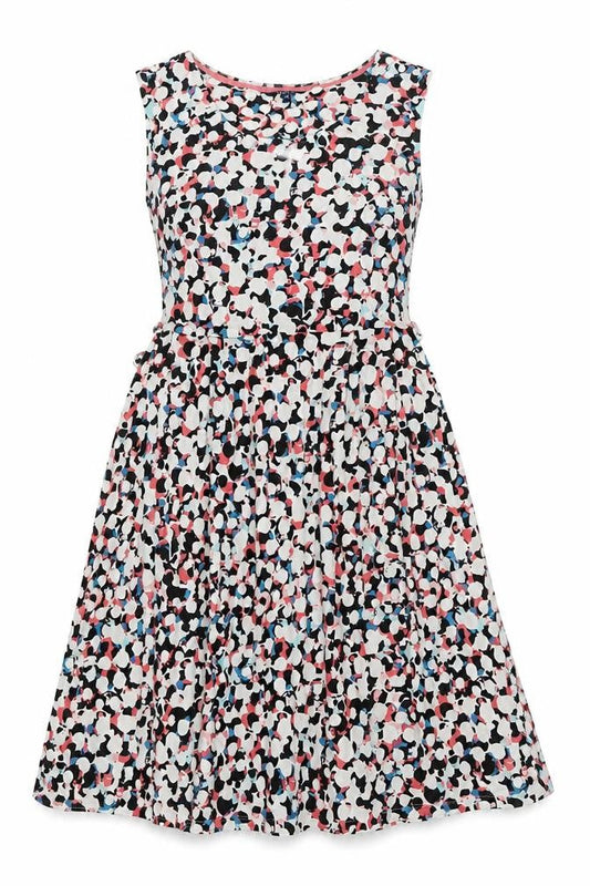 Front view of Maine New England women’s multicoloured geometric viscose tank dress, size UK 10, round neck pullover