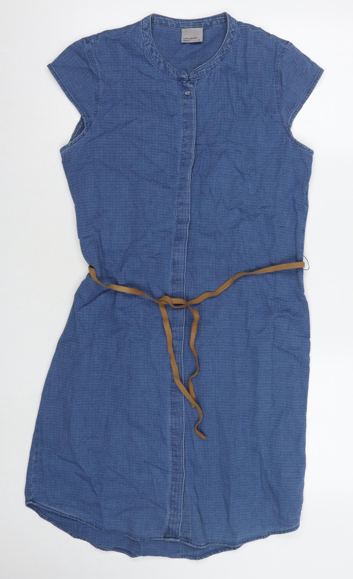 VERO MODA Womens Blue Cotton Shift Size M Round Neck Snap