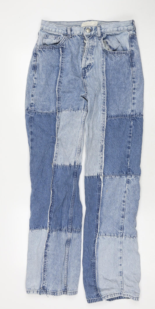 Topshop Womens Blue Cotton Straight Jeans Size 30 in L32 in Regular Zip - Patched Pattern