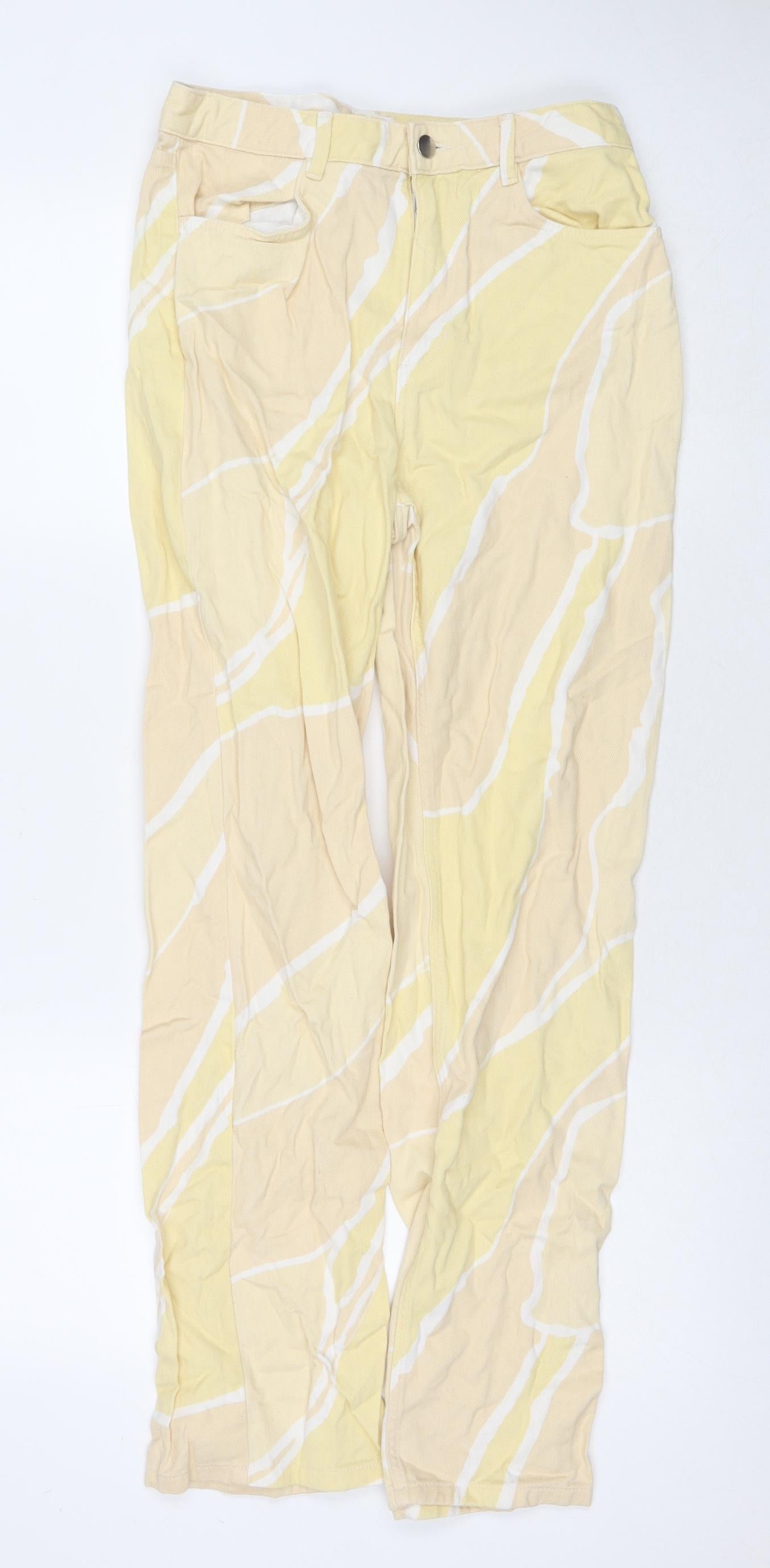 Monki Womens Yellow Geometric Cotton Straight Jeans Size 10 L29 in Regular Zip