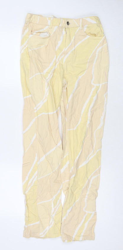 Monki Womens Yellow Geometric Cotton Straight Jeans Size 10 L29 in Regular Zip