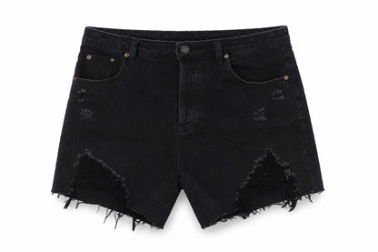 Signature8 Womens Black Cotton Basic Shorts Size L L6 in Regular Button - Raw Hem, Destressed