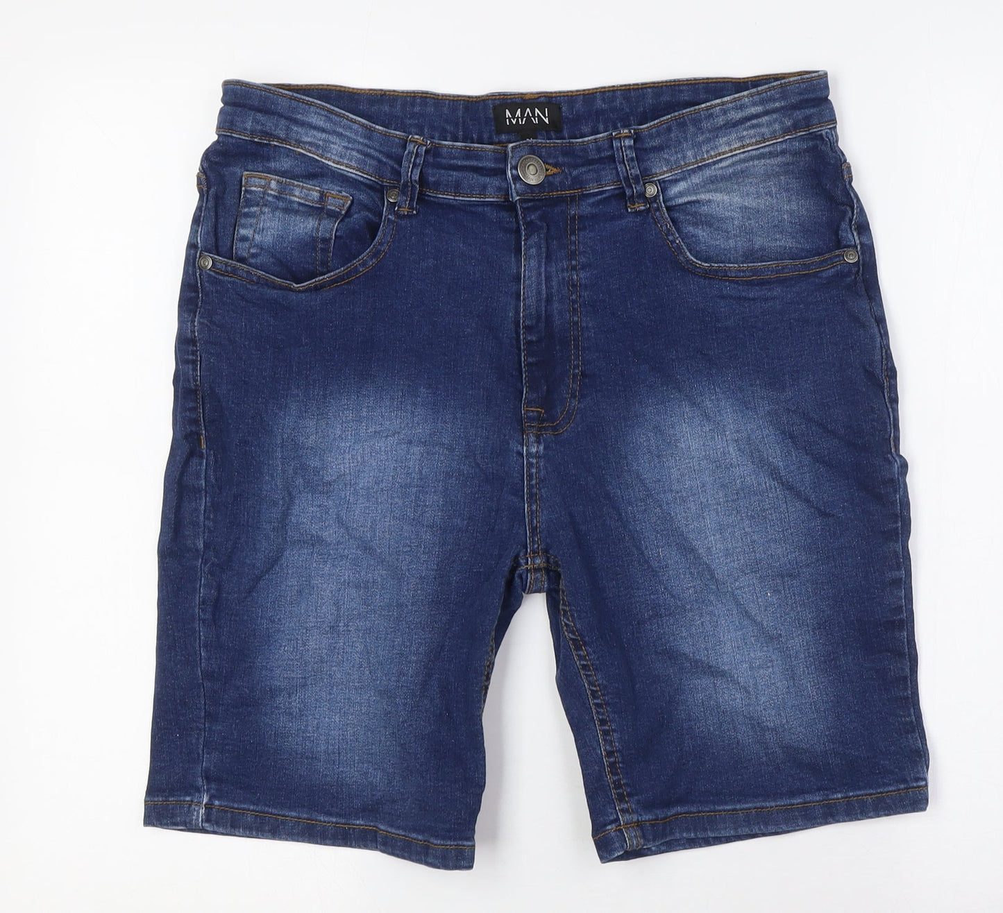 MAN Mens Blue Cotton Bermuda Shorts Size 34 in L9 in Regular Button