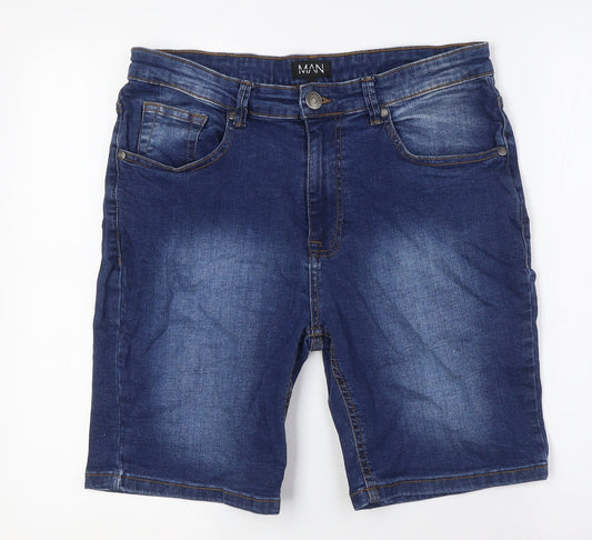 MAN Mens Blue Cotton Bermuda Shorts Size 34 in L9 in Regular Button