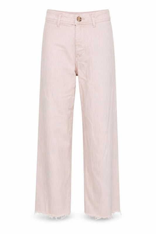 Front view of Denim & Co. women’s pink cotton blend wide-leg jeans, size UK 6, 26.5-inch leg regular zip