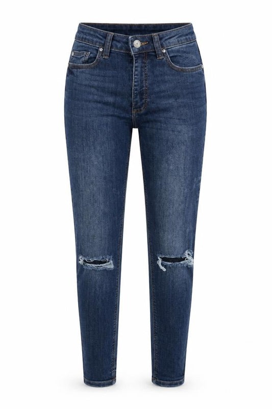 Front view of Denim & Co. women’s blue cotton blend tapered jeans, size UK 8, 27-inch leg regular zip