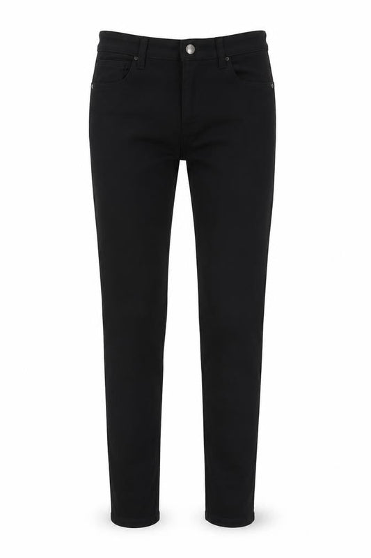 Front view of Denim & Co. women’s black cotton blend tapered jeans, size UK 6, 28.5-inch leg regular zip
