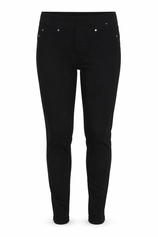 Front view of Denim & Co. women’s black cotton blend jegging jeans, size UK 8, 27-inch leg regular