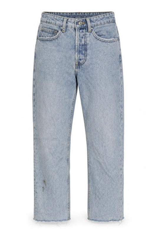 Front view of Denim & Co. women’s blue cotton straight jeans, size UK 8, 26-inch leg regular button - raw hem
