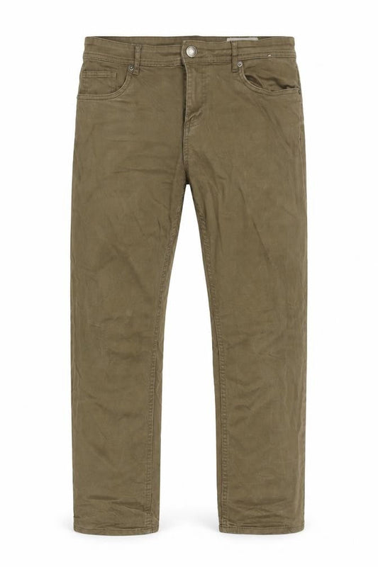 Front view of Denim & Co. men’s beige cotton blend straight jeans, size 32, in, 32-inch leg slim zip