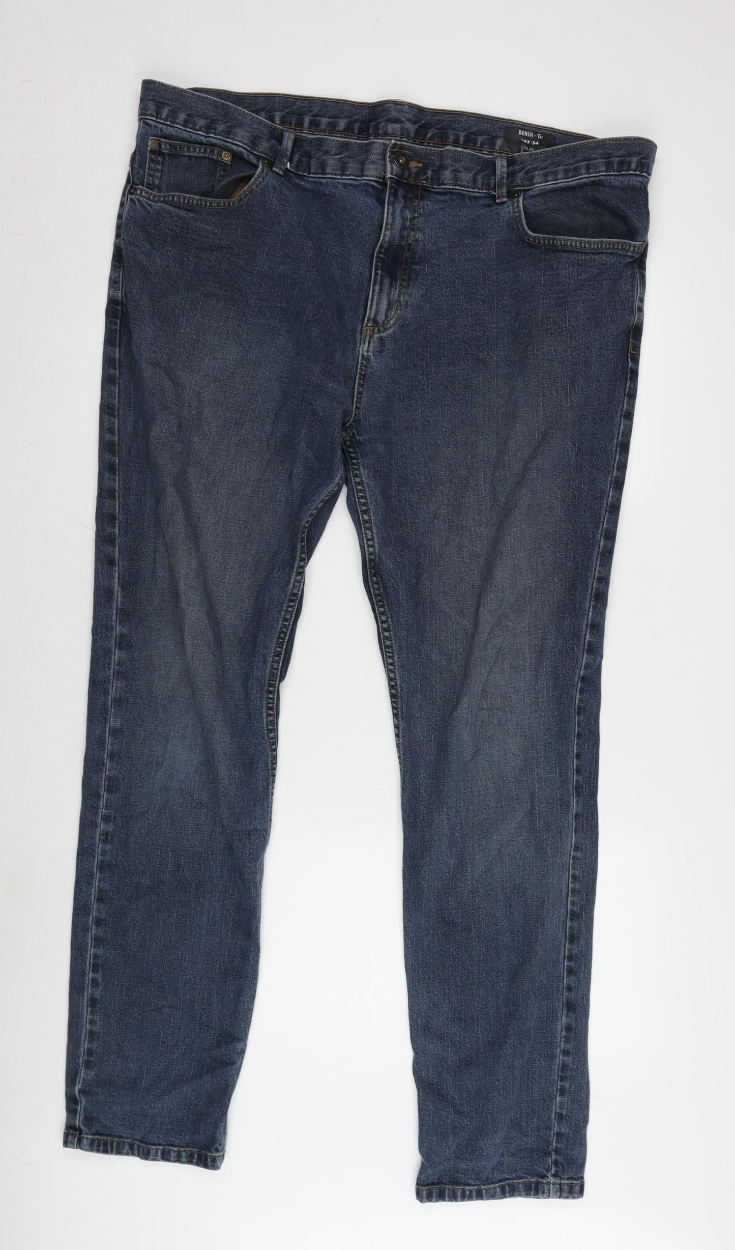 TU Mens Blue Cotton Blend Straight Jeans Size 42 in L34 in Slim Zip