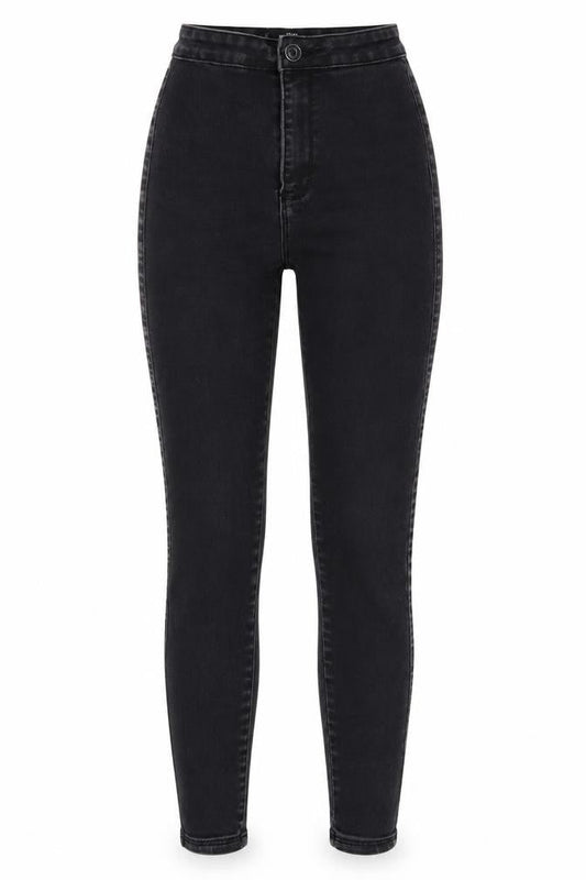 Front view of Missguided women’s grey cotton blend tapered jeans, size UK 6, 28-inch leg regular zip