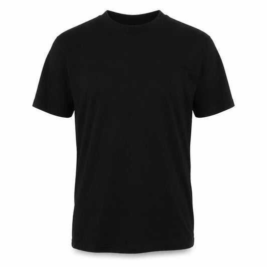Front view of ASOS men’s black cotton t-shirt, size S, crew neck