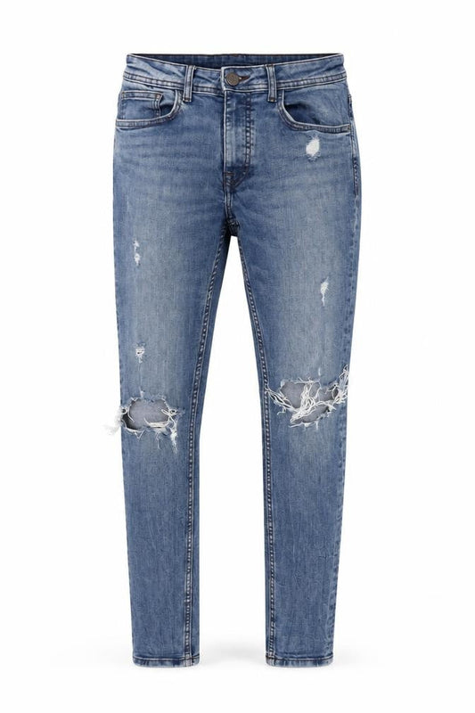 Front view of Denim & Co. men’s blue cotton blend tapered jeans, size 32, in, 32-inch leg regular zip
