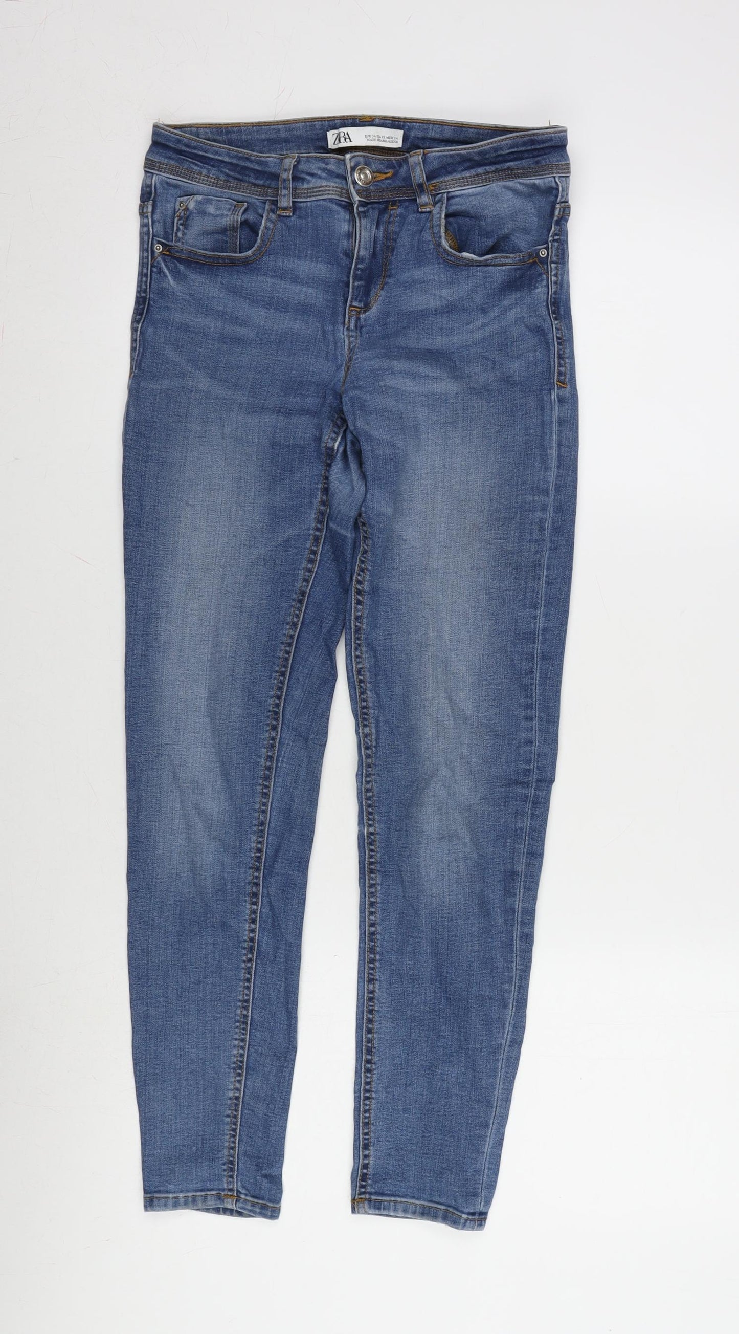 Zara Womens Blue Cotton Blend Tapered Jeans Size 6 L26 in Regular Zip