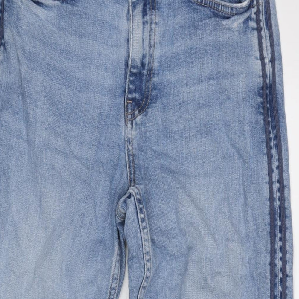 Marks and Spencer Womens Blue Cotton Blend Straight Jeans Size 8 L28.5 in Regular Zip - Striped Sides.