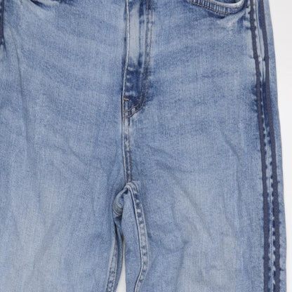 Marks and Spencer Womens Blue Cotton Blend Straight Jeans Size 8 L28.5 in Regular Zip - Striped Sides.