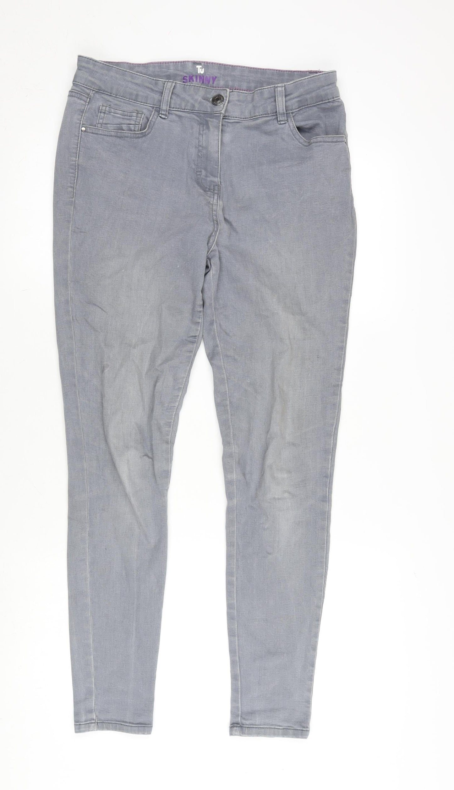TU Womens Grey Cotton Blend Skinny Jeans Size 14 L28 in Extra-Slim Zip
