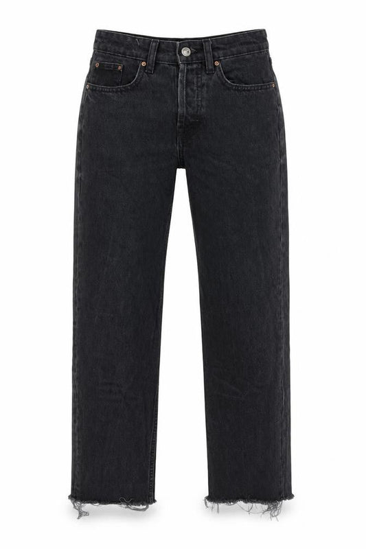 Front view of Denim & Co. women’s grey cotton blend straight jeans, size UK 6, 25-inch leg regular zip - raw hem