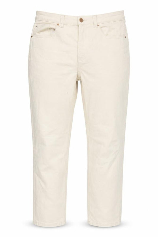 Front view of Denim & Co. women’s beige cotton blend straight jeans, size UK 14, 27-inch leg regular zip