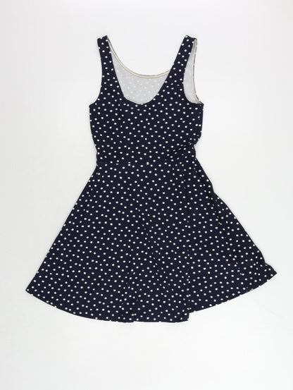 H&M Womens Blue Polka Dot Polyester Skater Dress Size 8 Scoop Neck Pullover