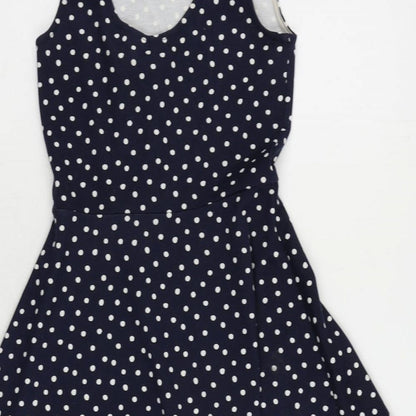 H&M Womens Blue Polka Dot Polyester Skater Dress Size 8 Scoop Neck Pullover