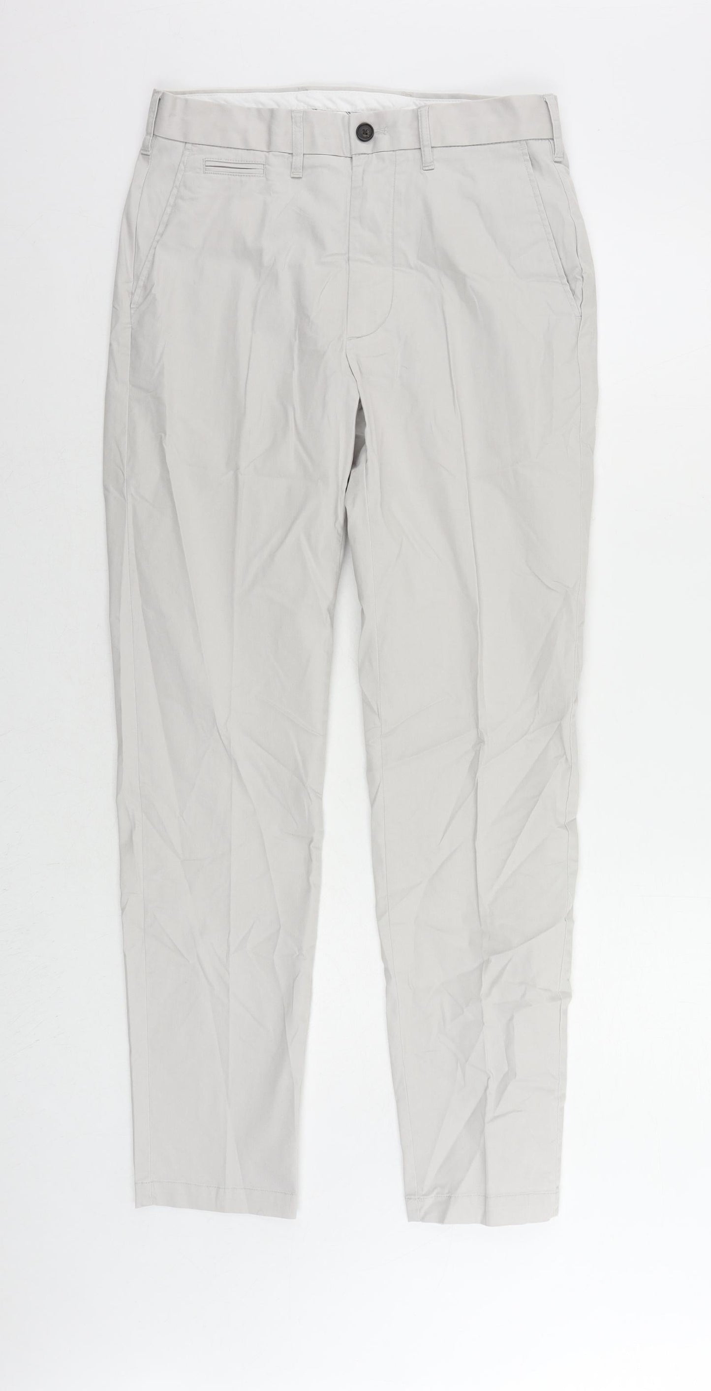 Marks and Spencer Mens Grey Cotton Chino Trousers Size 30 in L31 in Slim Zip