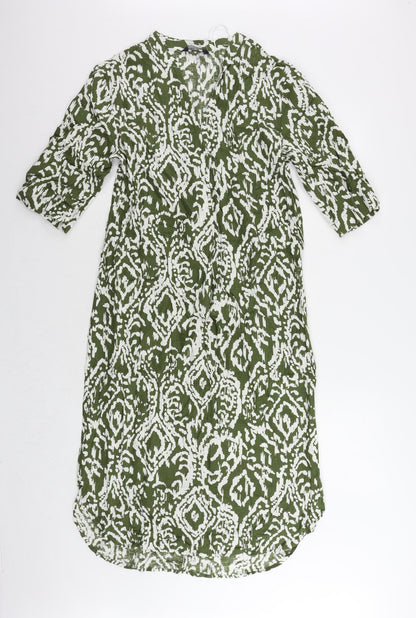 Marks and Spencer Womens Green Geometric Linen A-Line Size 8 V-Neck Pullover