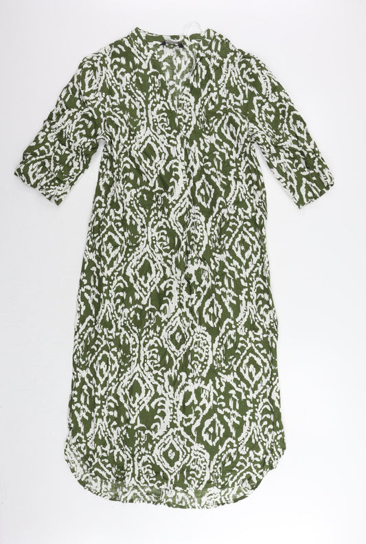 Marks and Spencer Womens Green Geometric Linen A-Line Size 8 V-Neck Pullover