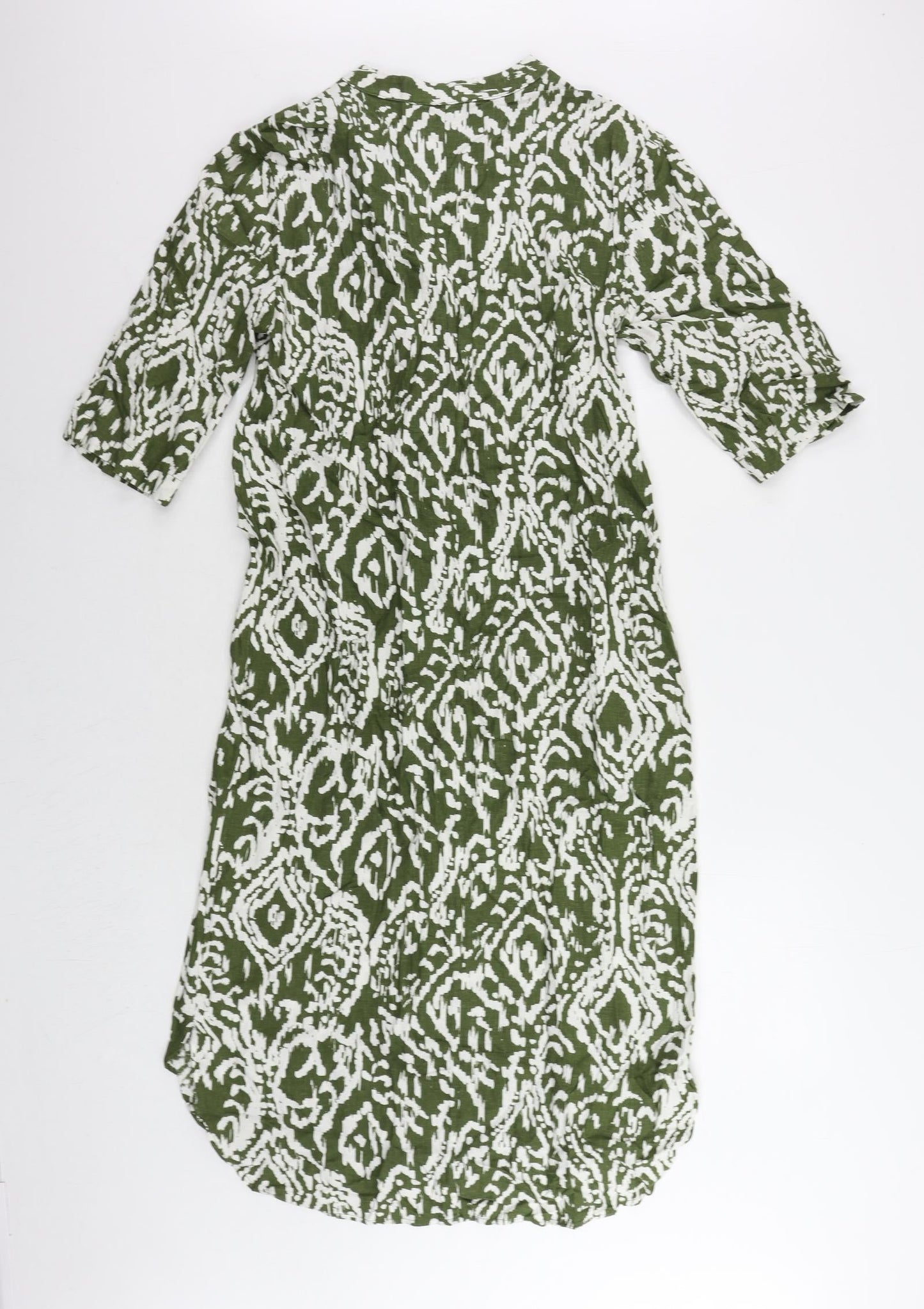 Marks and Spencer Womens Green Geometric Linen A-Line Size 8 V-Neck Pullover