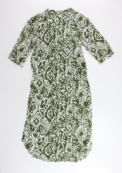 Marks and Spencer Womens Green Geometric Linen A-Line Size 8 V-Neck Pullover