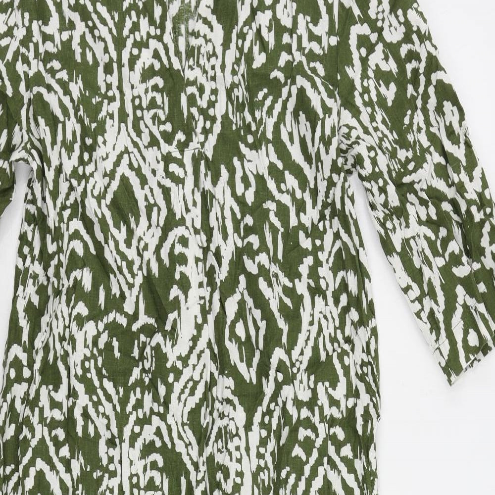 Marks and Spencer Womens Green Geometric Linen A-Line Size 8 V-Neck Pullover