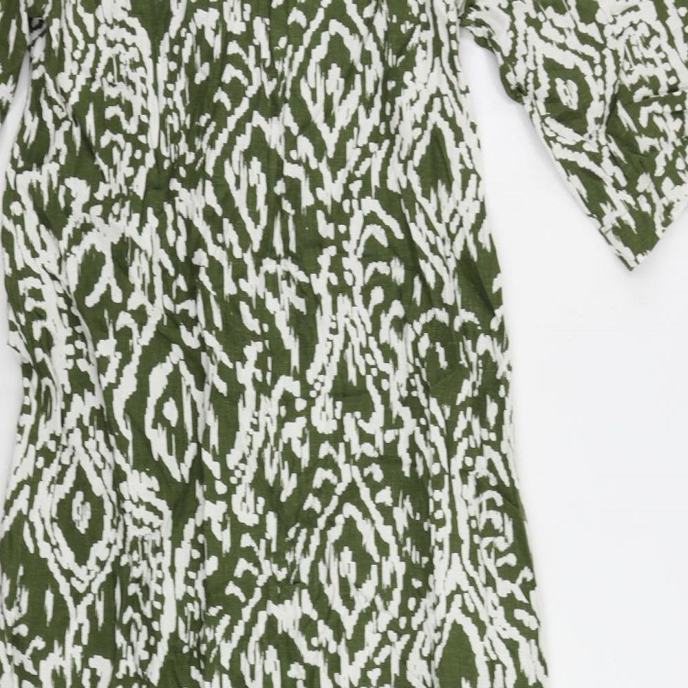 Marks and Spencer Womens Green Geometric Linen A-Line Size 8 V-Neck Pullover