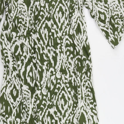 Marks and Spencer Womens Green Geometric Linen A-Line Size 8 V-Neck Pullover